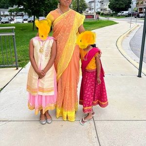 Indian ethnic fancy hand embroidered peach yellow wedding Bollywood saree